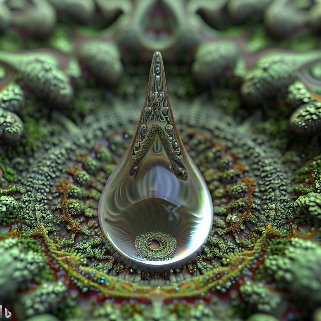 3D hyper-detailed raindrop centered in a fractal mossy lichen rainforest recursion.jpg